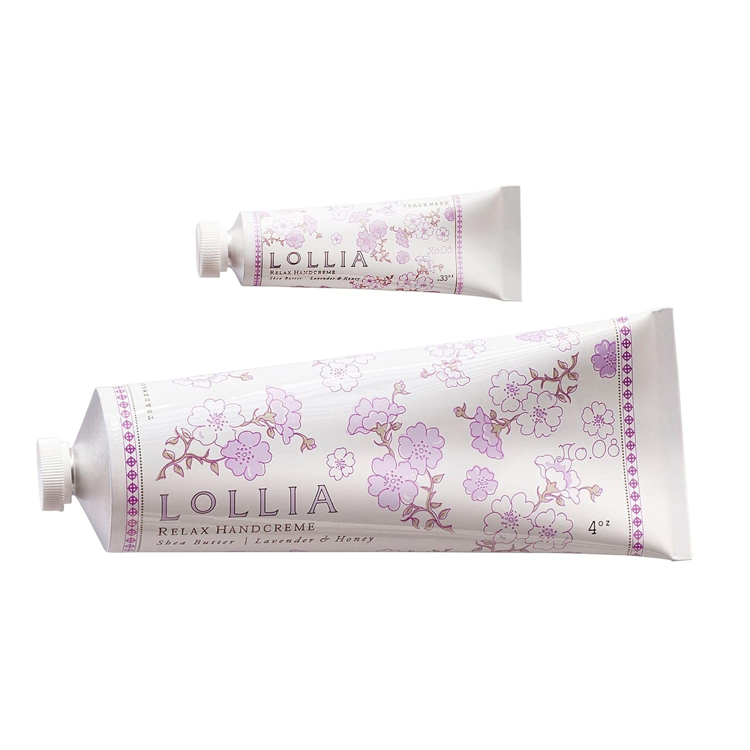 LOLLIA Relax Handcreme Bundle, 4 oz. & .33 oz. – Lavender & Honey – Scented Hand Cream for Women, Moisturizing Hand for Dry Hands, Shea & Cocoa Butter, Quick Absorbing Lotion, Travel Lotion