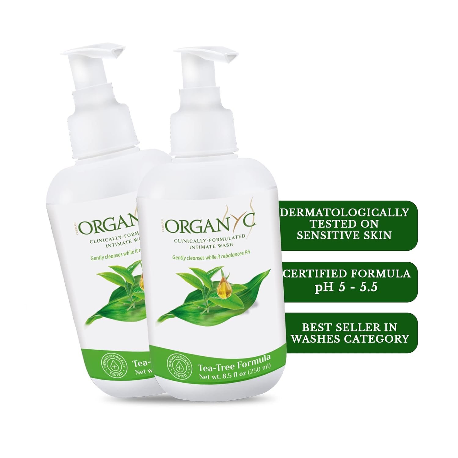 Organic Intimate Wash with Tea Tree Oils & Leaf Extracts, Gentle Cleansing Feminine Wash for Women with Sensitive Skin, Soothing pH Balance Feminine Wash, 8.5 fl oz, Pack of 2