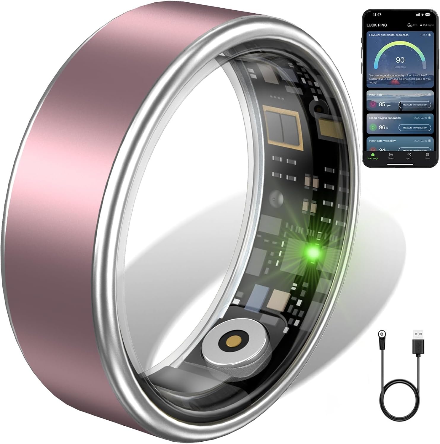 Smart Ring for Women & Men – IP68 Waterproof Fitness Tracker with Long Lasting Batteries, 28-Language App, Sleep/Step/Heart Rate Monitor, Compatible with iOS & Android (Pink, 7)