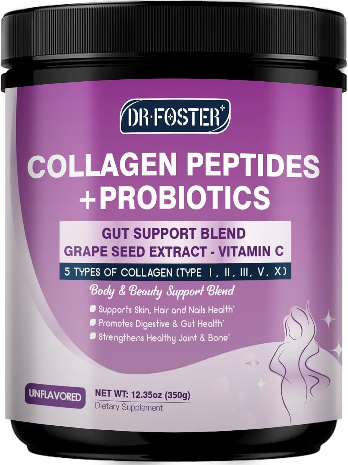DRFOSTER Collagen Peptides Powder with Probiotics – Hydrolyzed Collagen Type I II III V X with Antioxidant Blend – Multi Collagen for Women Support Skin Hair Nail Joints & Gut, 35 Servings, Non-GMO