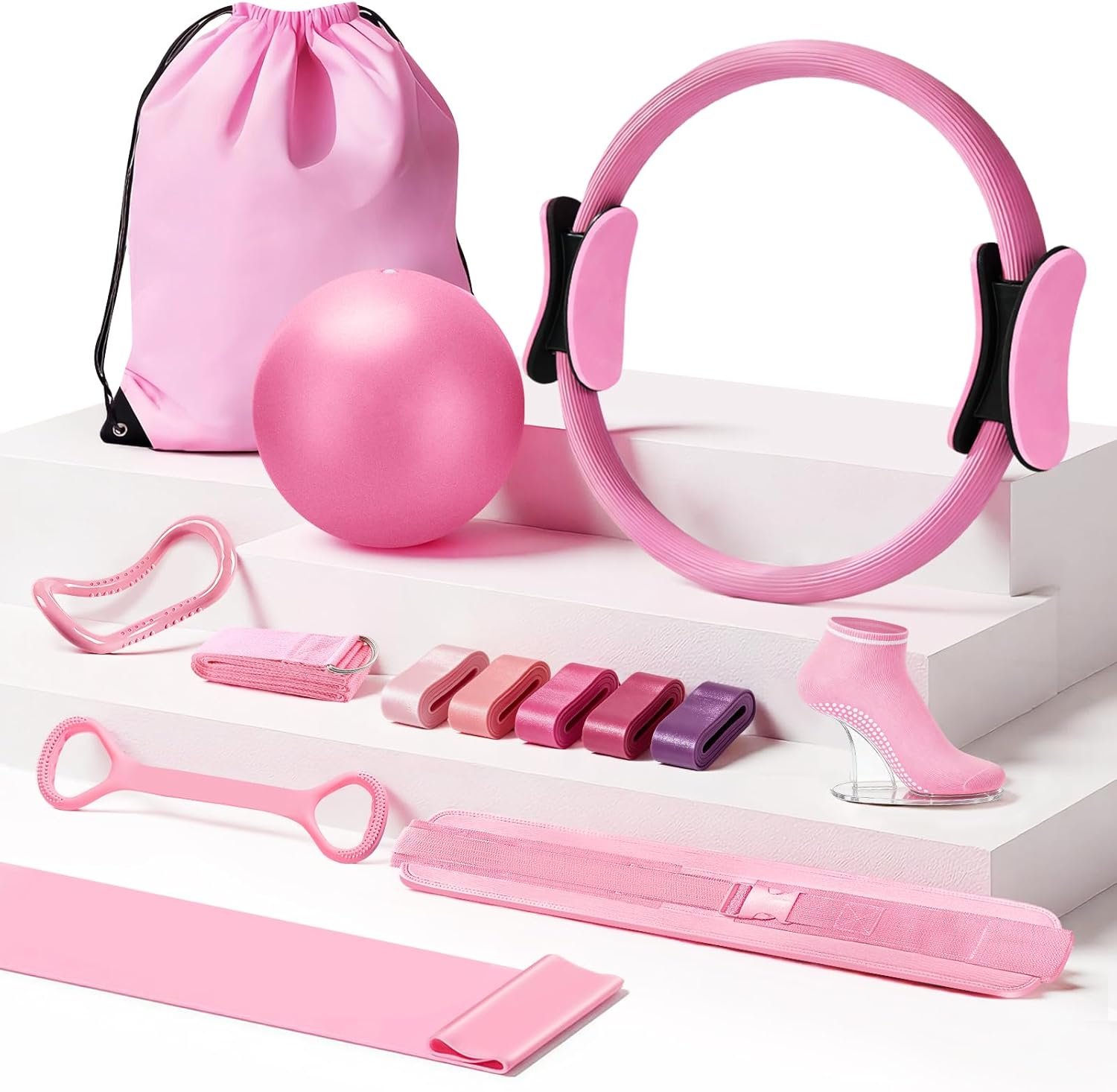 Pilates Kit, Home Pilates Essentials Kit for Women, Pilates Equipment Ring and Ball Set with 5 Resistance Bands, Hip Thrust Belt & Grip Socks Accessories, Toning Home Workouts Starter Set