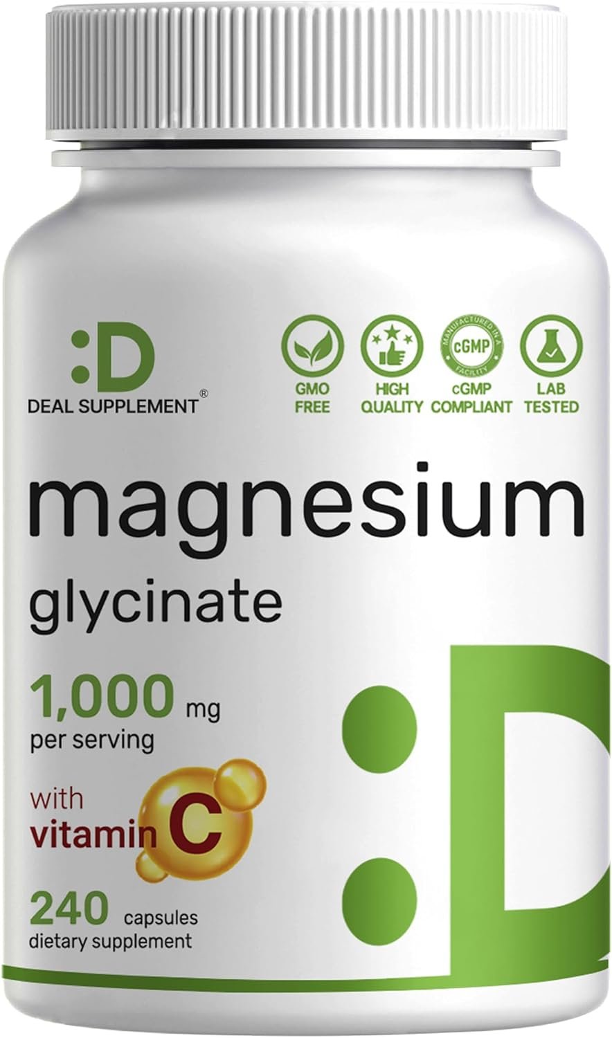 Magnesium Glycinate 500mg Per Capsule (1000mg Per Serving) Plus Vitamin C, 240 Capsules – 100% Chelated for Easy Absorption – Essential Mineral Supplement