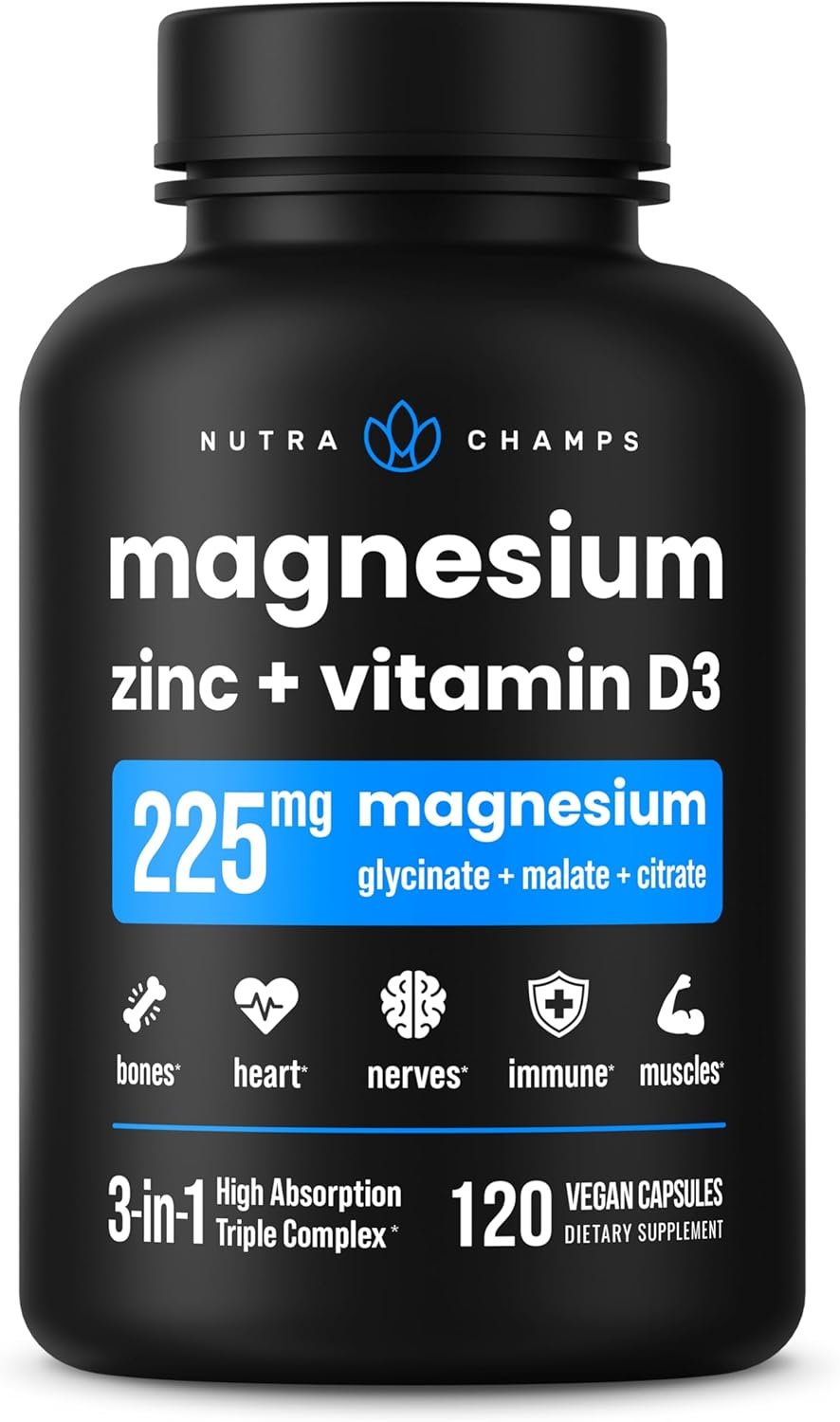 Magnesium Zinc & Vitamin D3 Supplement – Most Bioavailable Forms; Magnesium Glycinate, Malate, Citrate – Bone, Muscle & Heart Health, Immune Support – 120 Vegan Capsules