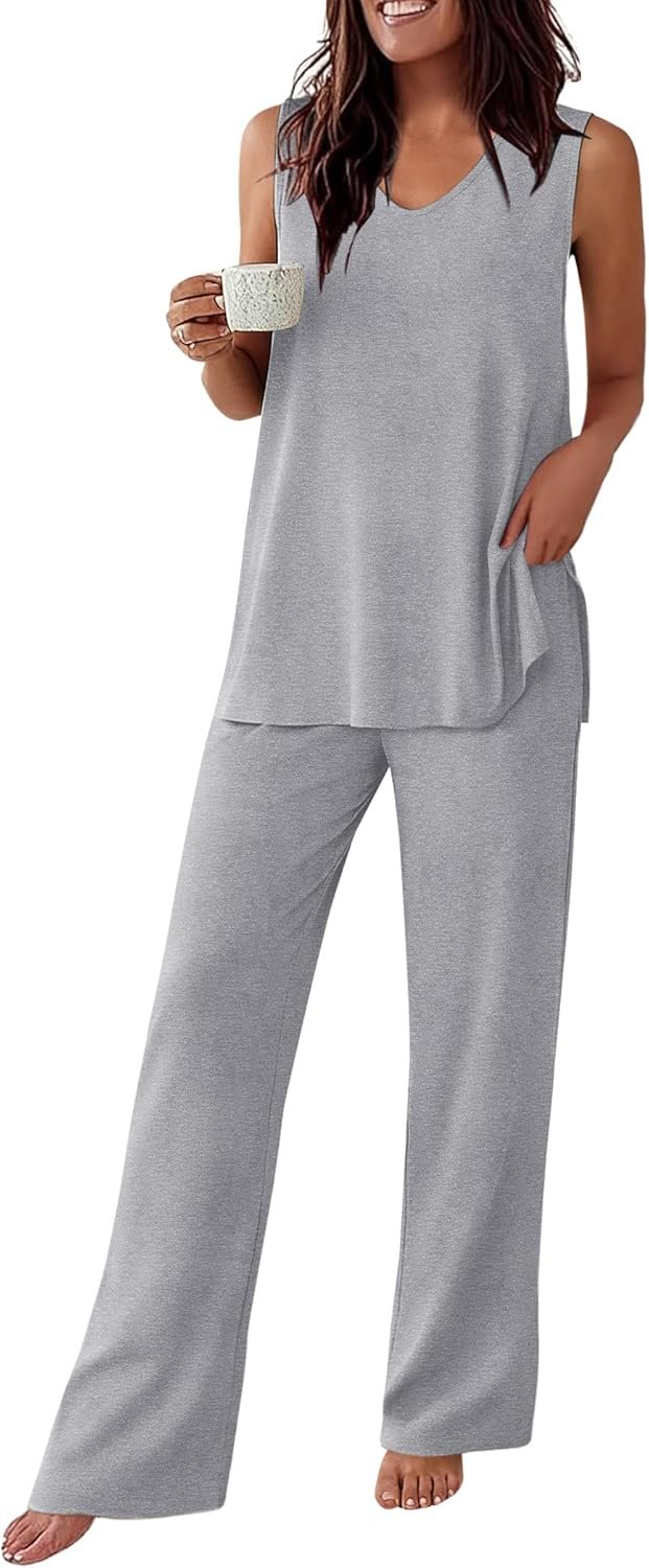 Ekouaer Womens Pajamas Set Sleeveless Lounge Sets Comfy Tank Top and Pants Pjs Set V Neck 2 Piece Sleepwear S-XXL