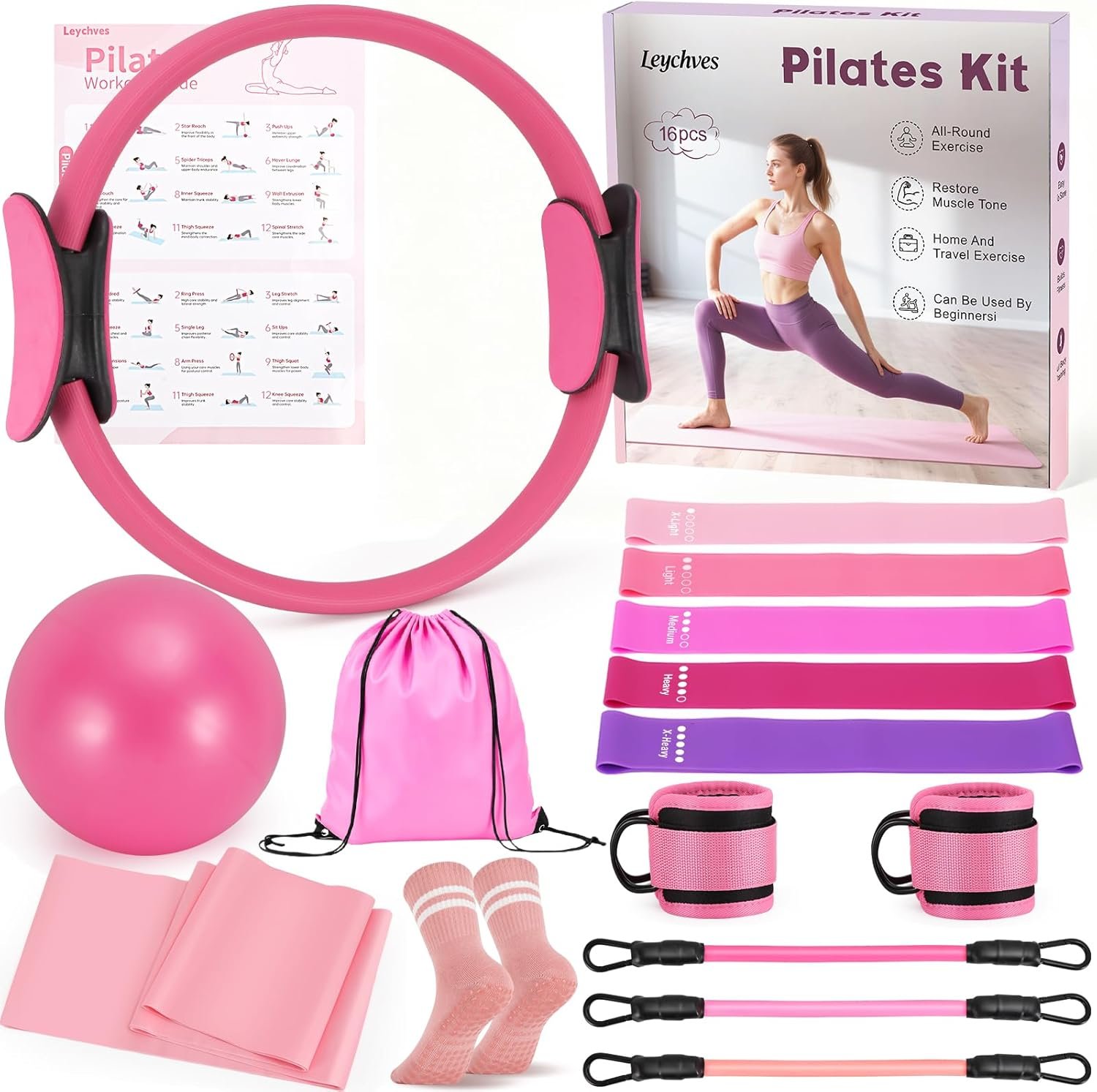 Home Pilates Essentials Kit for Women, Magic Circle Pilates Equipment Ring and Ball Set, Resistance Bands Workout Guide Video for 28 Day Pilates Challenge Starter Kit for Beginners