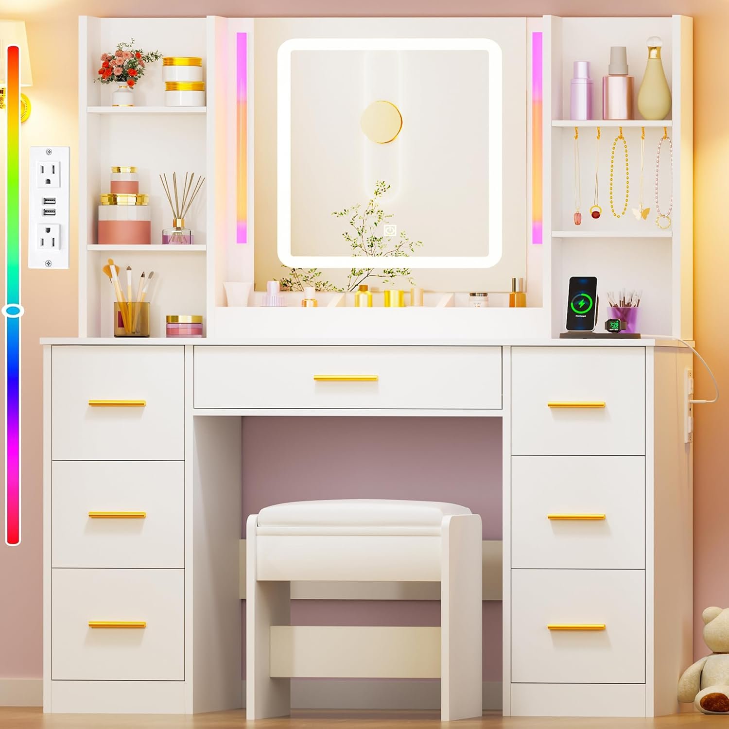 ANWBROAD Makeup Vanity Desk with Mirror and Lights 3 Colors Large Vanity Table with 7 Drawers & RGB Lights White Makeup Table with Charging Station 6 Storage Shelves Stool for Bedroom Women UBDT96W