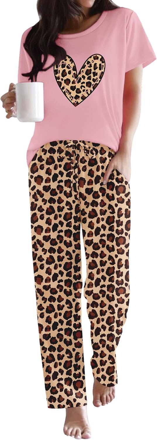 Ekouaer Pajama Sets for Women Round Neck Pjs Short Sleeve Sleepwear with Long Pants Loose Lounge Sets