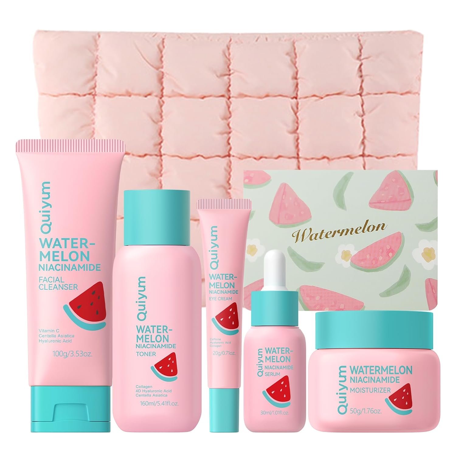 QUIYUM Watermelon & Niacinamide Skincare Heroes (5-Pieces), Beauty Skin Care Gift Set with Cleanser, Toner, Eye Cream, Moisturizer, Serum, Facial Juicy Glow Up Set with Makeup Bag, for All Skin Types