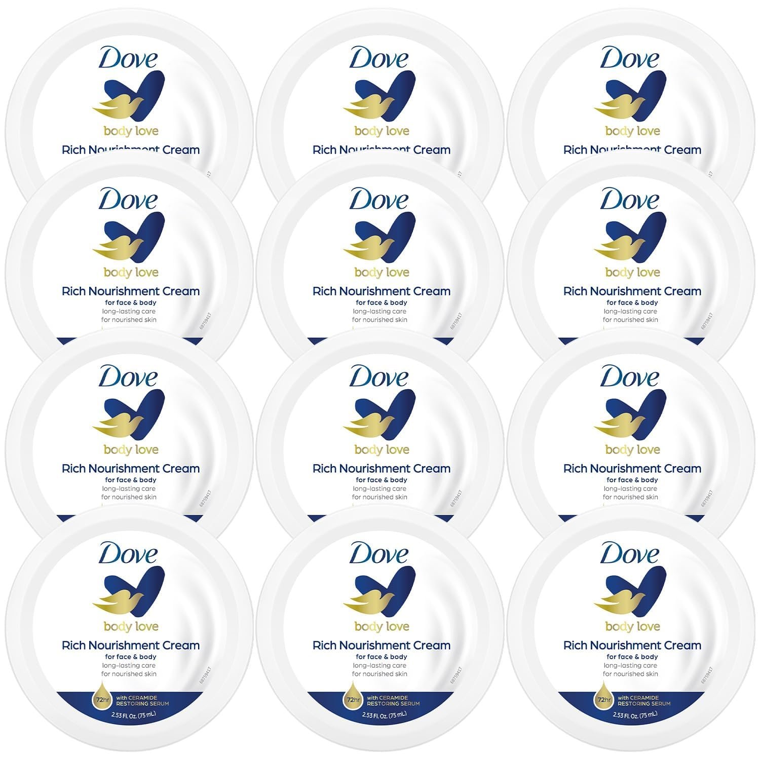 Dove Body Love Rich Nourishment Cream, Face, Hand and Skin Lotion for Extremely Dry Skin, Fast-Absorbing 72-Hour Moisturizing Formula with Ceramide Serum, Travel Size, 2.53 OZ (Pack of 12)