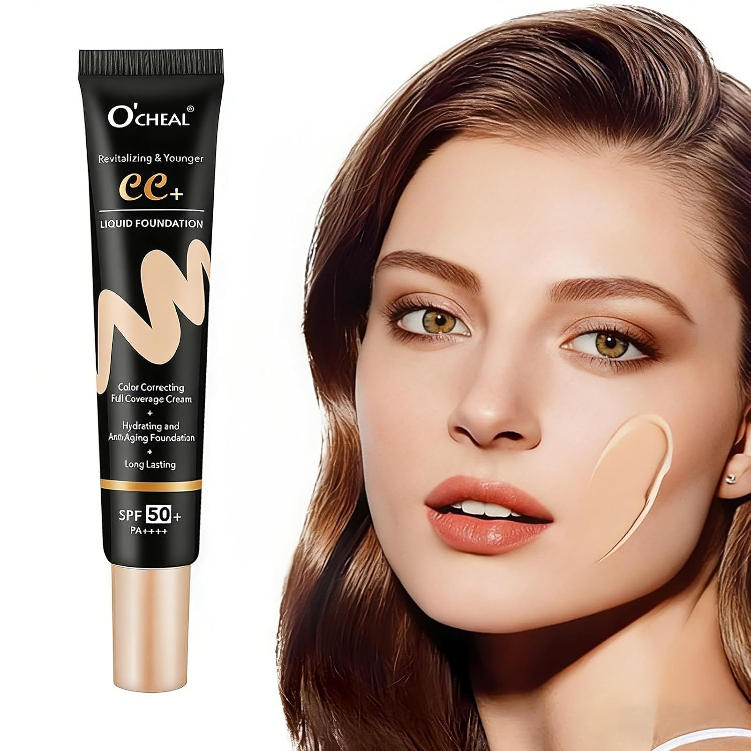 O’CHEAL CC Cream with SPF 50+, Hydrating Color Correcting Cream Full Coverage Lightweight Powder Foundation, Waterproof Long Lasting Pre-makeup Primer Facial Concealer Refine Skin Texture (Natural)