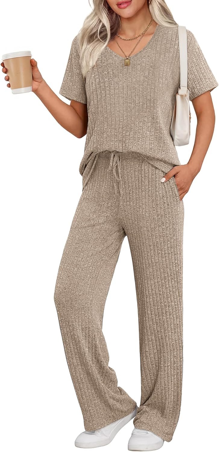 Ekouaer Womens Ribbed Knit Lounge Set Short Sleeve Top and Long Pants Sleepwear Pajama Set Two Piece Matching Outfits Set