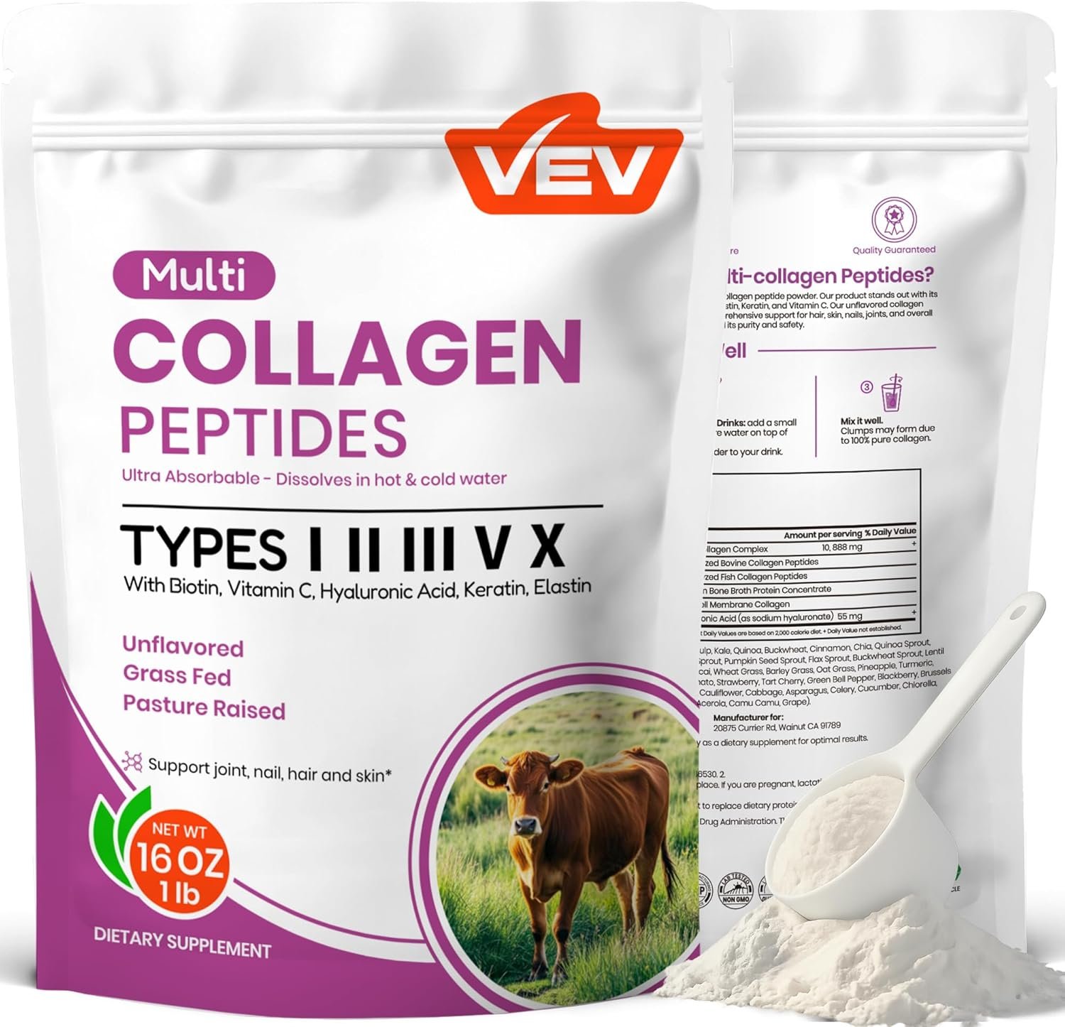 VEV Multi Collagen Peptides Powder, 16 oz (41 Servings) – Type I, II, III, V, X, Hyaluronic Acid, Biotin, Vitamin C, Supports Skin, Unflavored, Dissolves Easily, Keto-Friendly