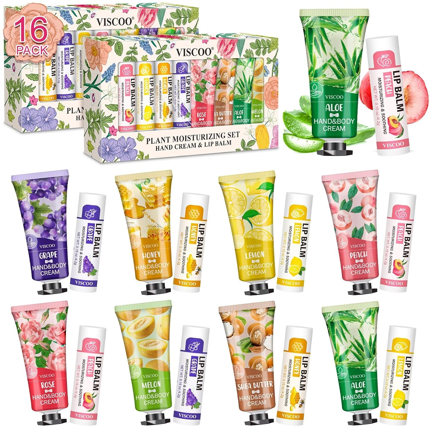 VISCOO 16 Pack Bulk Lip Balm and Hand Cream Set, Teacher Appreciation Gifts /Graduation Gifts, Nurses Week Gift, Thank You Bridal Wedding Favors for Guests, Small Gift for Women Birthday