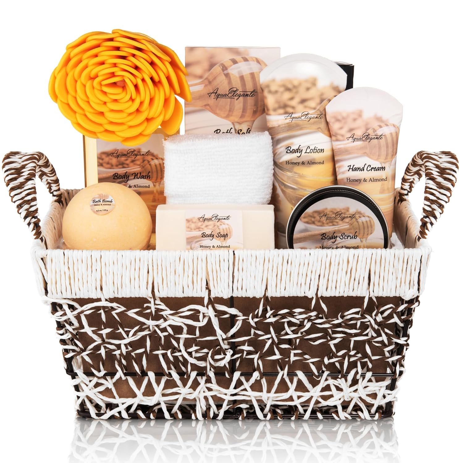 Aqua Elegante Bath Basket For Women – Deluxe Spa Set with Wash, Bubble Bath, Lotion, Salts, Body Scrub, Towel, Shower Puff, Bathbombs, Reusable Basket, Gifts for Mom, Wife, Her – Honey & Almond