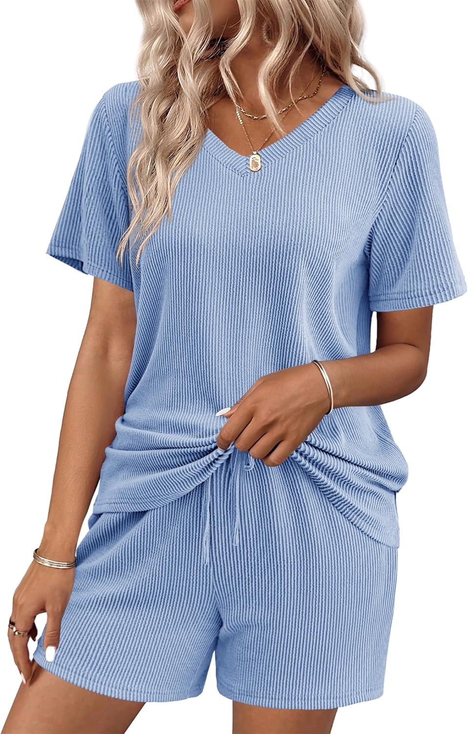 Ekouaer Womens Pajama Sets Short Sleeve Knit Lounge Set 2 Piece Pj Sets for Women V Neck Casual Loungewear
