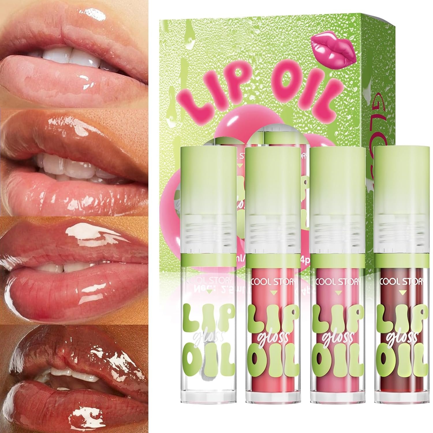 4 Pack Hydrating Glow Lip Oil Makeup Set for Women, Moisturizing Lip Gloss with Glow Finish, Long Lasting Nourishing Lip Care Fat Oil Lip Drip, Sweet Candy Scent (SET A, LIGHT)