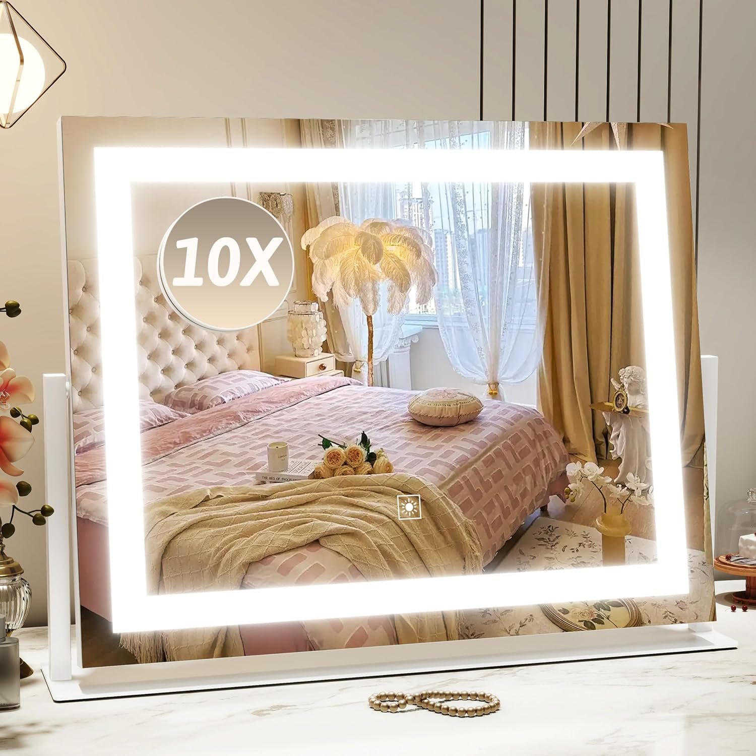 ROLOVE Vanity Mirror with Lights 22″x18″, Lighted Makeup Mirror with 10X Magnification, Smart Touch 3 Colors Dimmable, 360° Rotation, Women Gift, Dresser Mount, Bathroom (White)