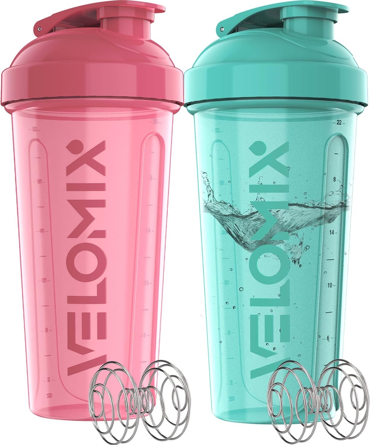 VELOMIX -2 Pack- 28 oz Protein Shaker Bottles for Protein Mixes – 2x Wire Whisk | Leak Proof Shaker Cups for Protein Shakes | Protein Shaker Bottle Pack (Pink/Turquise)