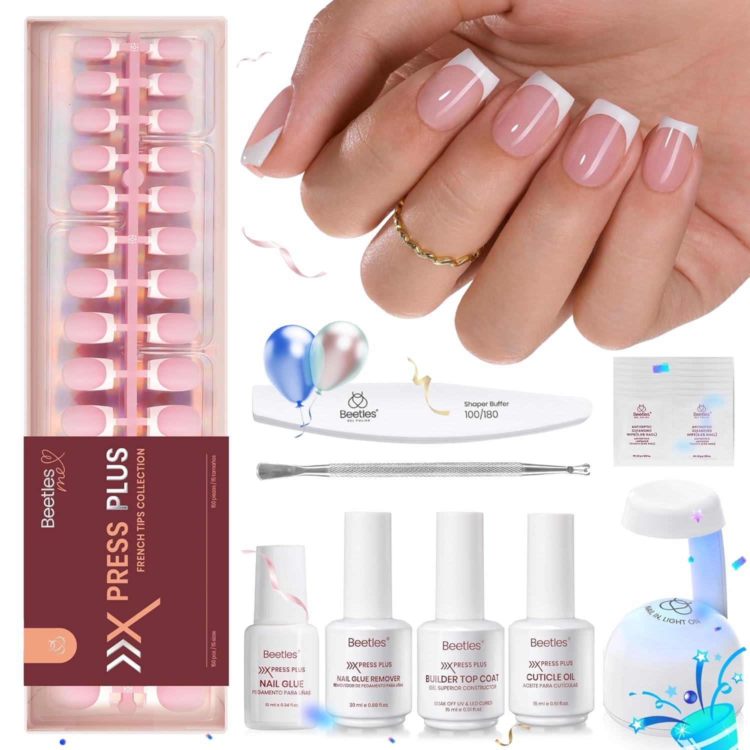 Beetles Press On Nails Kit-Short Square French Tip Press On Nails Kit with 150Pcs Pink French Nail Tips Nail Glue & Remover Builder Top Coat Nail Lamp,All-in-One DIY Fake Nails Gift for Women