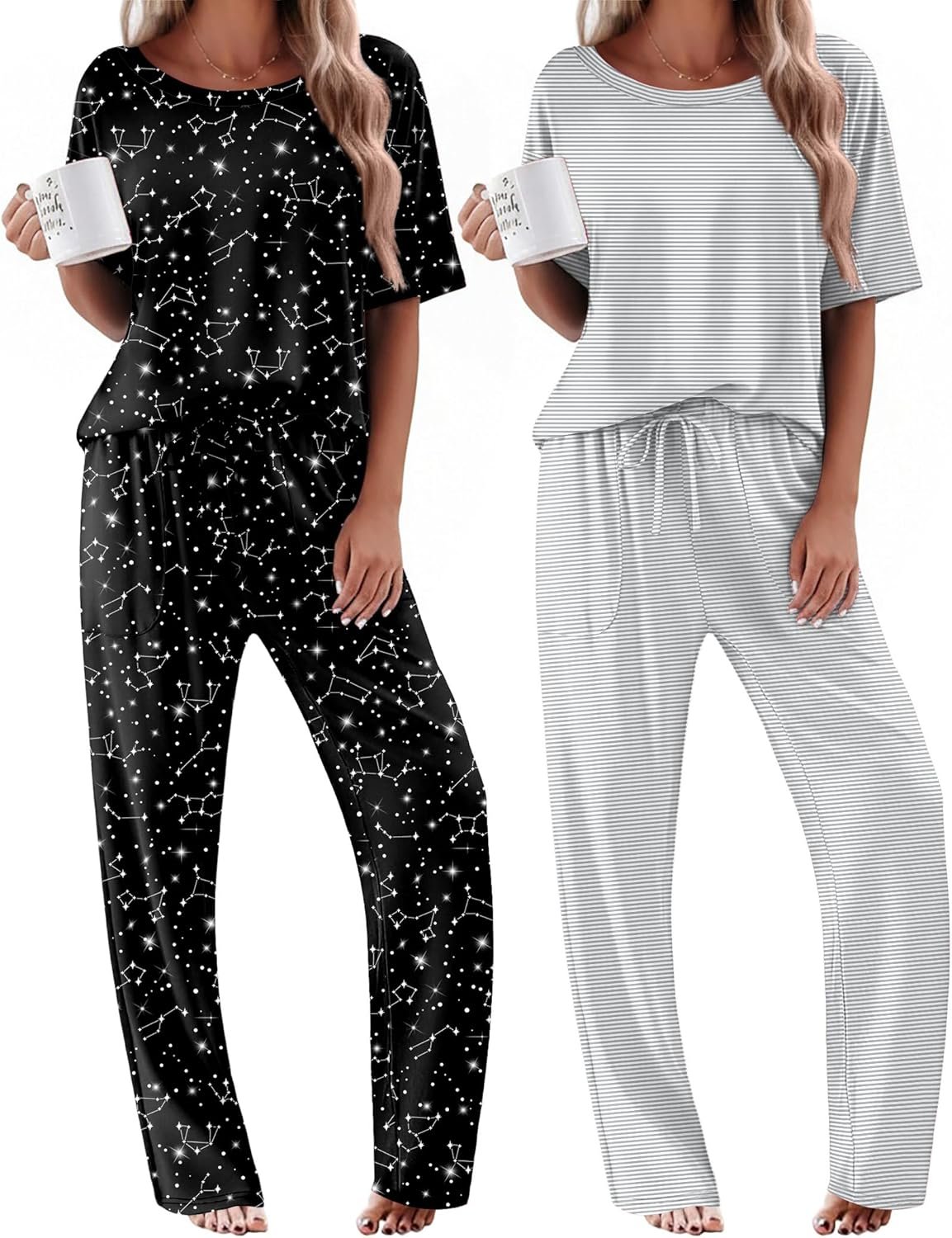 Ekouaer 2 Pack Womens Pajama Sets Short Sleeve Tops and Long Pants Casual Comfy Pjs Lounge Set with Pockets,S-XXL