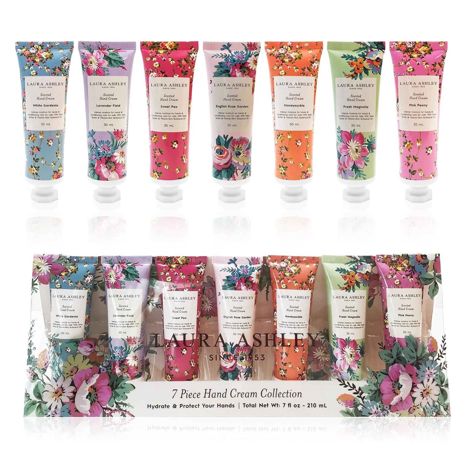 Laura Ashley Hand Cream Set – 7 Piece Hand Lotion Collection for Women, Travel Size Moisturizing Lotion for Dry Skin with Rose, Lavender, Magnolia & Floral Scents – 30ml Each