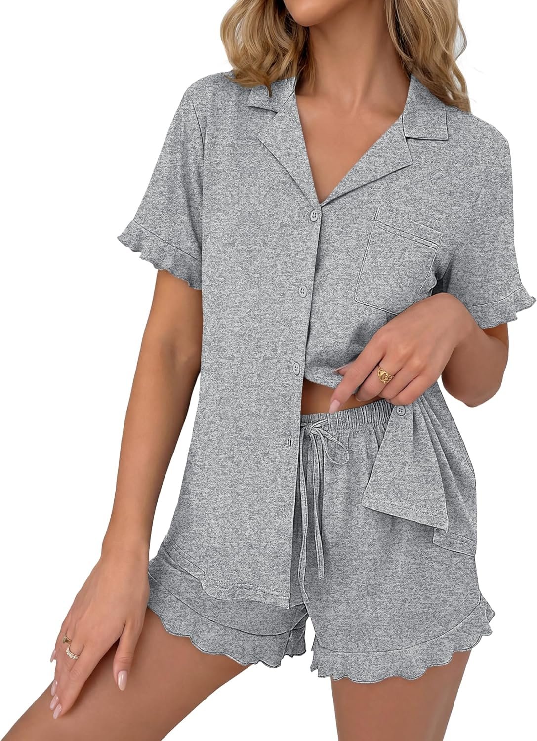 Ekouaer Pajamas Set for Women Button Down Pjs Lounge Sets Ruffle Short Sleeve Sleepwear Cute Loungewear