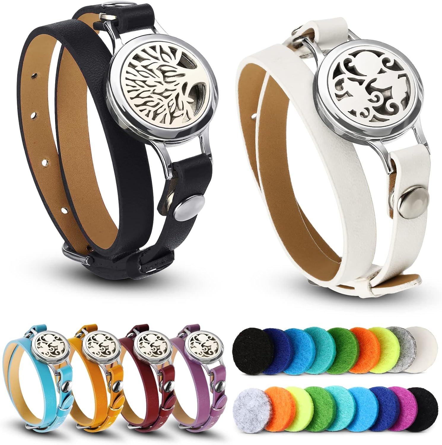 Bonuci 2 Pcs Essential Oil Diffuser Bracelet Aromatherapy Fragrance Locket Bracelet Adjustable with 6 Replacement Leather Band and 18 Refill Pad Gift Set for Women Girls Wife Friend Christmas Birthday