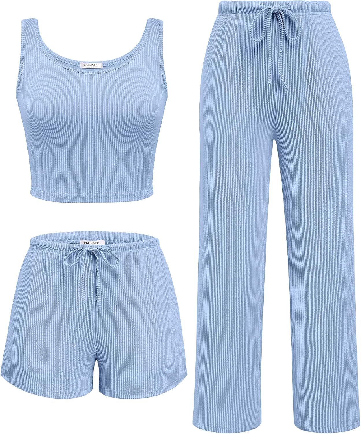 Ekouaer Women’s 3 Piece Lounge Set Soft Twisted Rib Knit Summer Vacation Outfits Crop Top Shorts & Pants Set With Pokcet