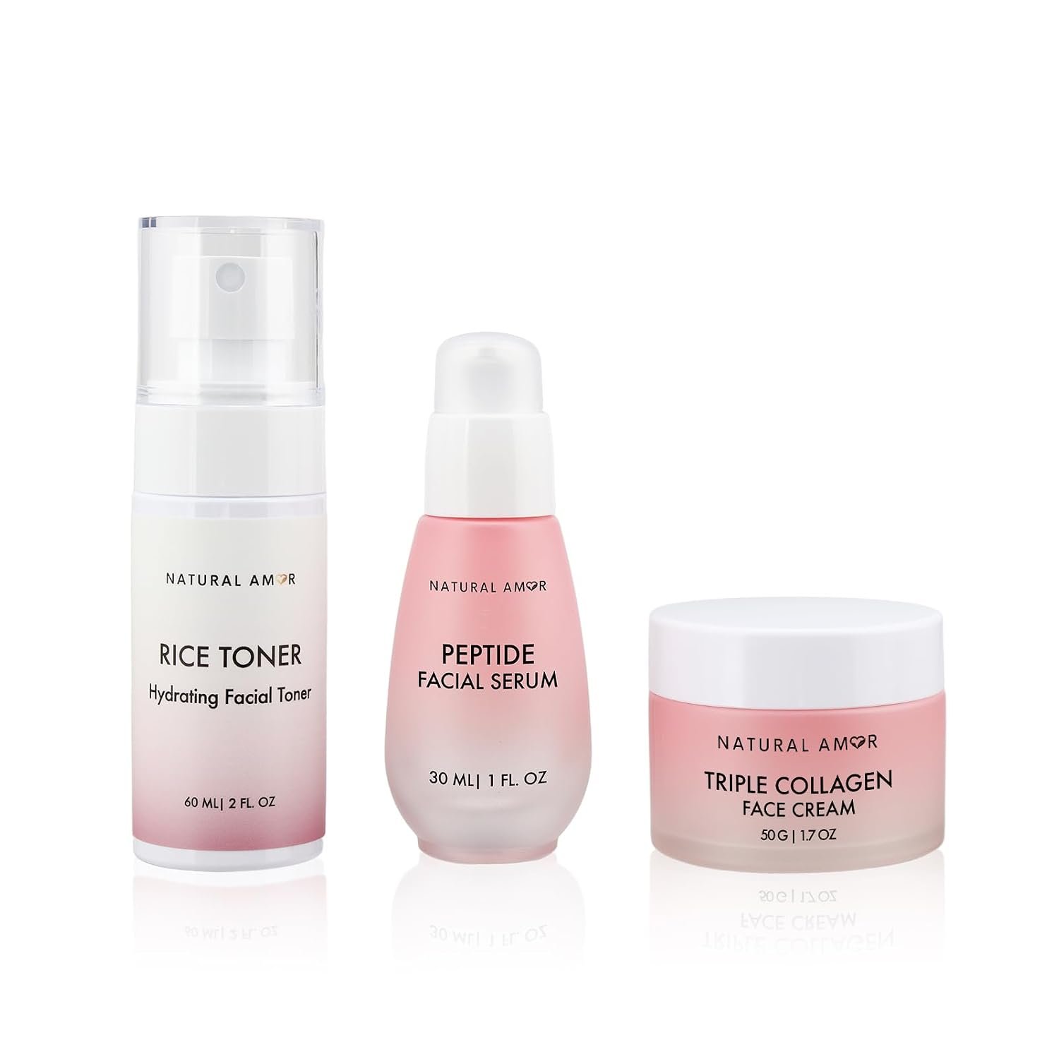 Natural Amor Skincare Set (3 Products) – Triple Collagen Cream 1.7oz, Peptide Serum 1oz & Toner – Hydrating & Firming Skin Care Set – Daily Routine