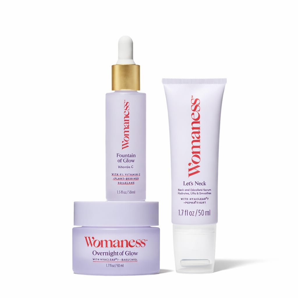 Womaness Anti-Aging Skincare Gift Set for Women – Vitamin C Serum 8%, Hyaluronic Acid & Bakuchiol Face Cream, Firming Neck Serum with Roller – Face, Neck & Glow Routine Bundle