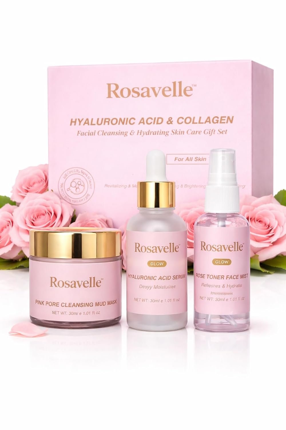 Vegan Skincare Kit For Women | Hyaluronic Face Serum Rose Toner Mist Collagen Mud Mask Combo | Hydrating Brightening Deep Pore Cleansing Glow Skin Care Set for Clear Smooth Radiant Skin