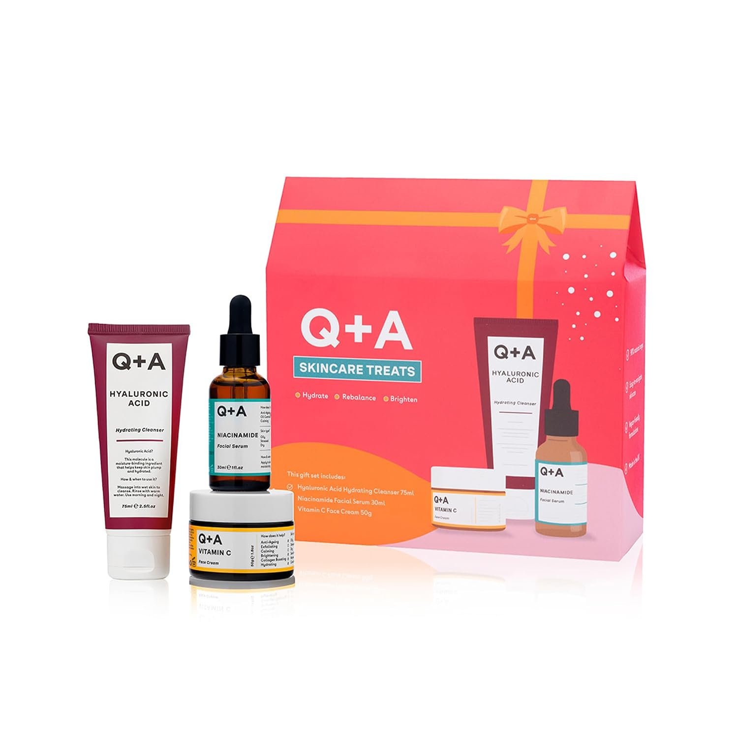 Q+A Skincare Treats Gift Set, 3-Step Routine for Healthy, Radiant Skin, Hydrating Facial Cleanser (75ml), Niacinamide Serum (30ml) & Vitamin C Face Cream (50g), Stocking Stuffers