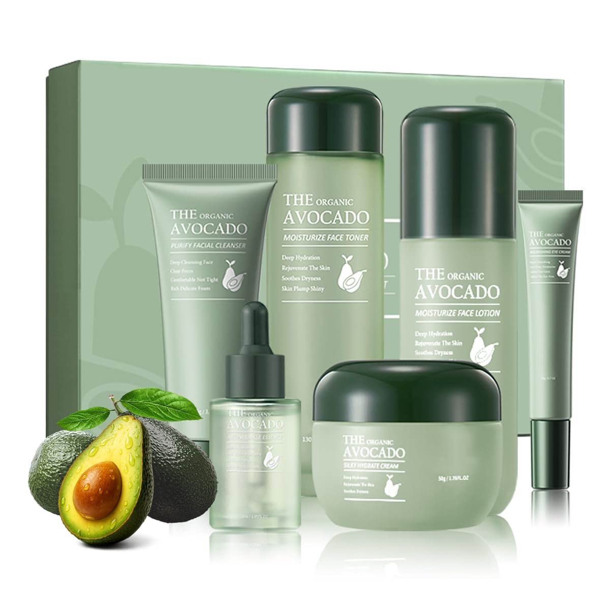 Avocado Skincare Set, 6PCS Skin Care Gift Set with Facial Cleanser, Toner, Lotion, Face Serum, Eye Cream and Moisturizing Face Cream, Hydrating Daily Face Care Kit for Women Teen Girls
