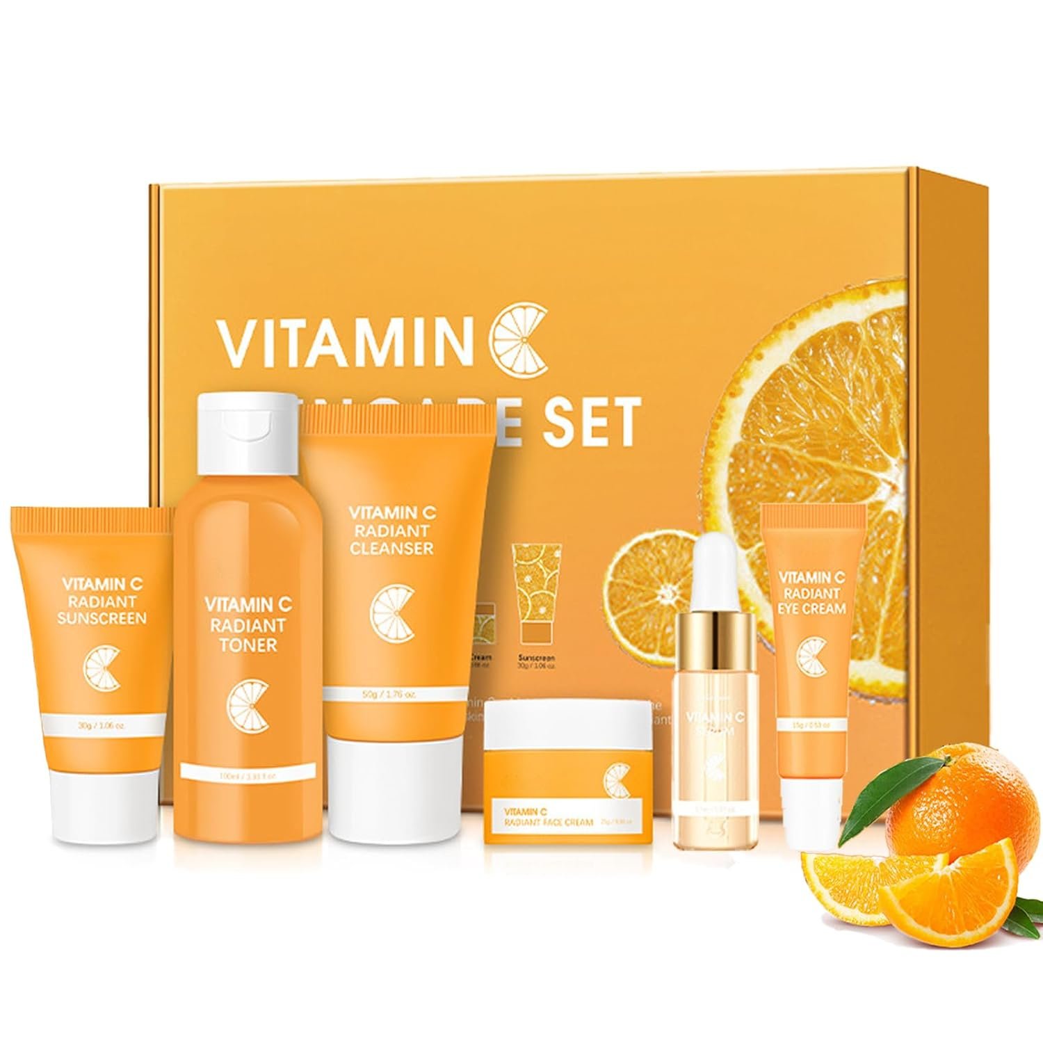 Skin Care Set, Vitamin C Facial Kit for Women, Face Skin Care Kit with Facial Cleanser, Face Serum, Face Cream, Eye Cream, Toner, Sunscreen for Hydrating Skin
