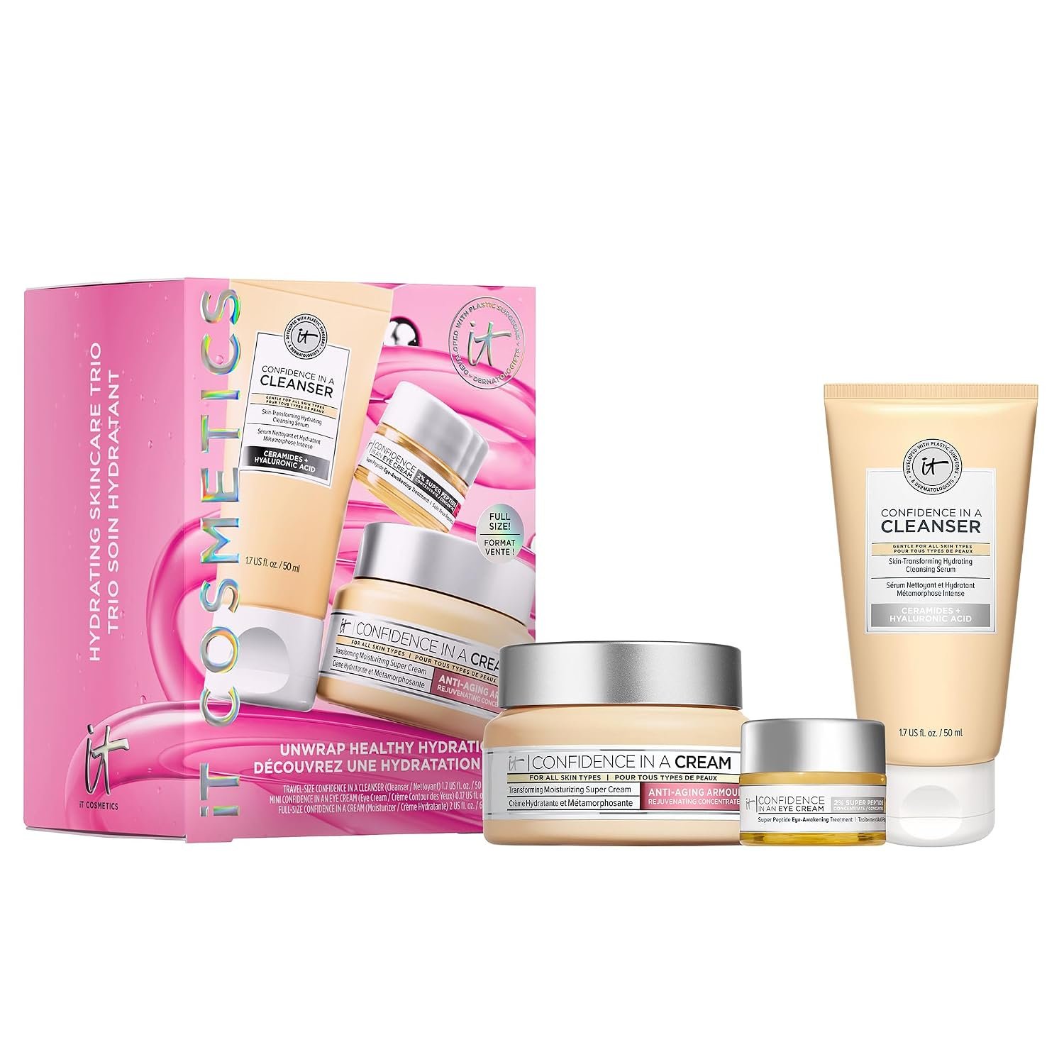IT Cosmetics Unwrap Healthy Hydration Anti-aging Skincare Set, 3-Pc Holiday Giftset for Her – Confidence in a Cream Face Moisturizer (Full Size) & Gentle Facial Cleanser & Smoothing Eye Cream