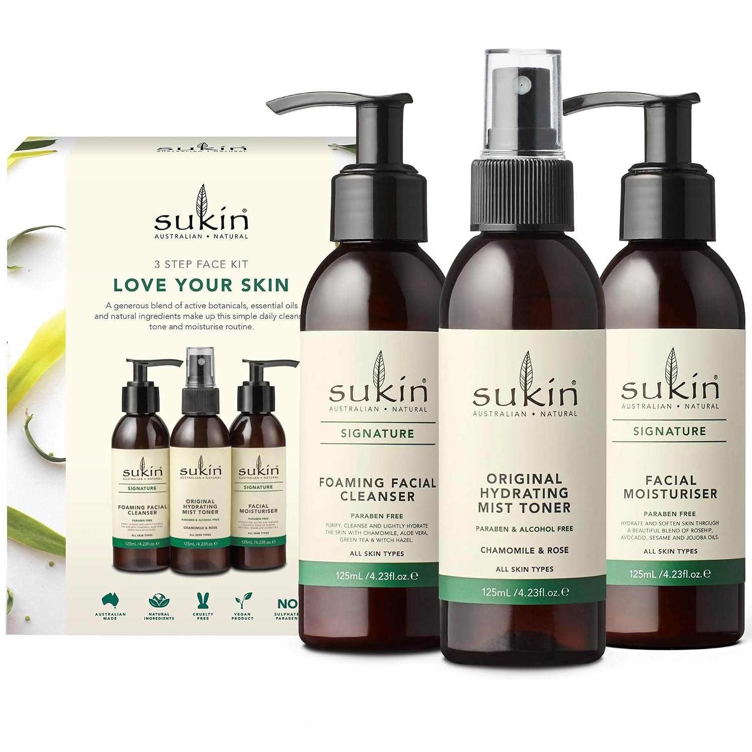 Sukin Signature Skin Care Gift Set – Foaming Facial Cleanser, Hydrating Rose Water Toner Mist + Facial Moisturizer, Self-Care Gifts, 4.23 Oz Ea