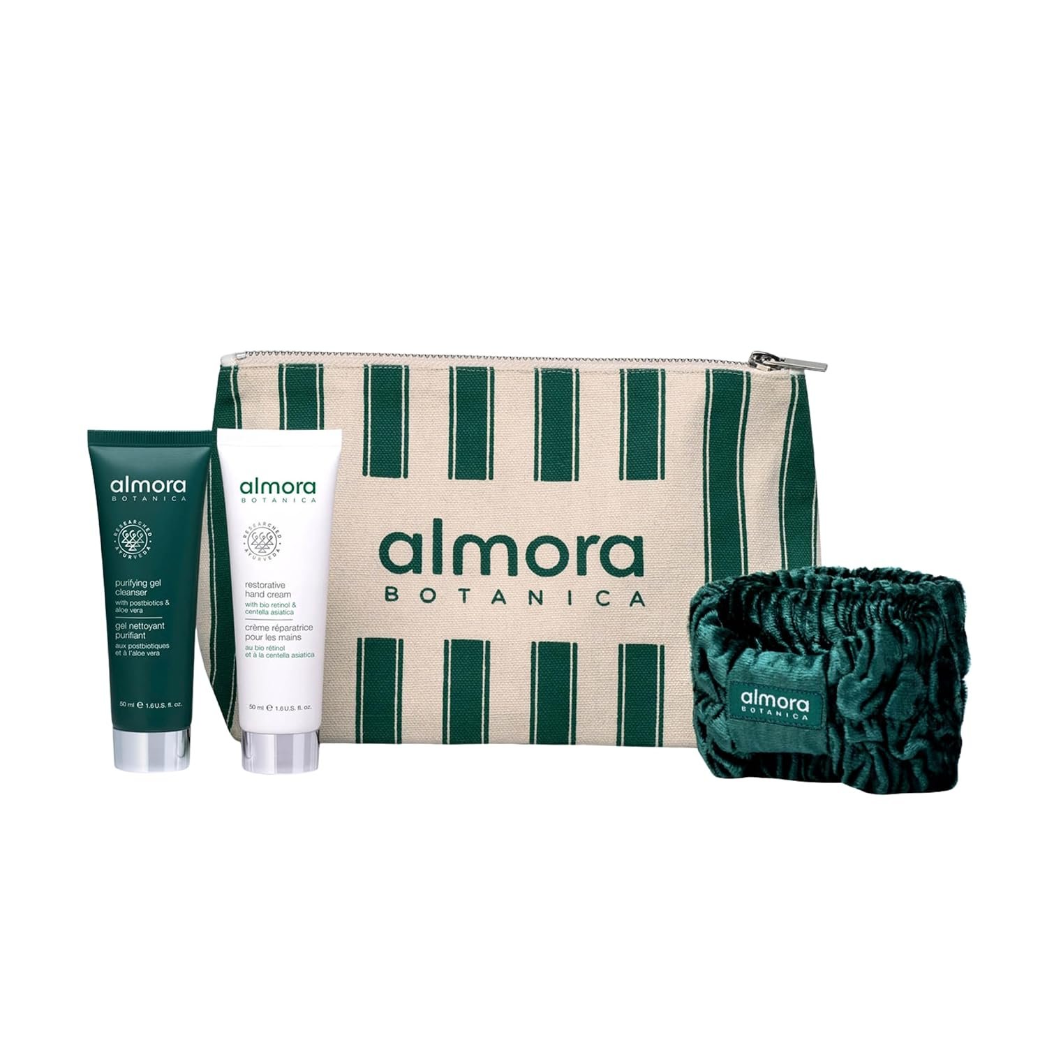 On-The-Go Essentials Gift Set – 4 Piece | Purifying Gel Cleanser (50 mL), Restorative Hand Cream (50 mL) & Complimentary Velvet Headband & Vanity Pouch | Clean Vegan Skincare Gift