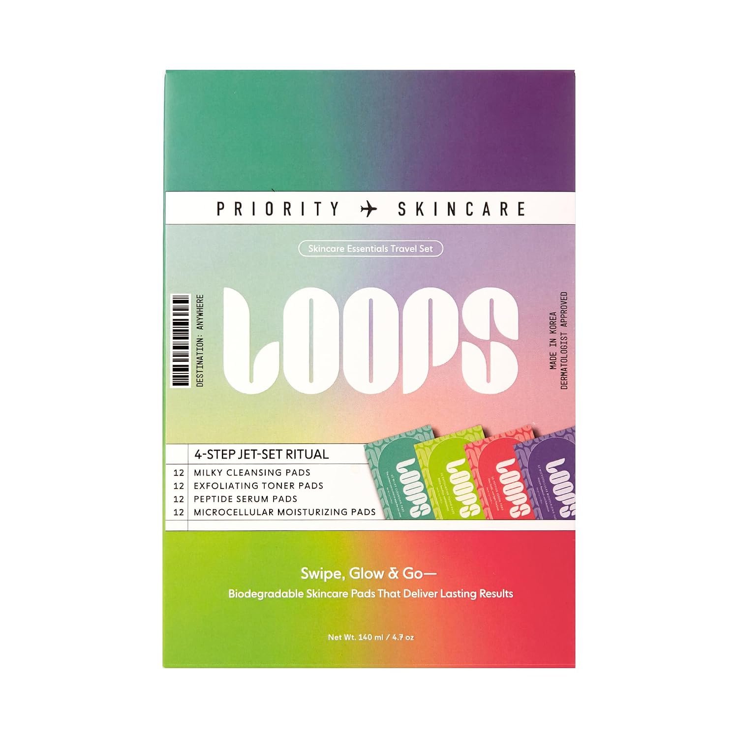 LOOPS 4-Step Korean Skincare Essentials Kit – 48 Travel Pads | 12 each: moisturizer, toner, peptide and milky cleanser, pre-soaked bamboo pads, vegan, natural, biodegradable