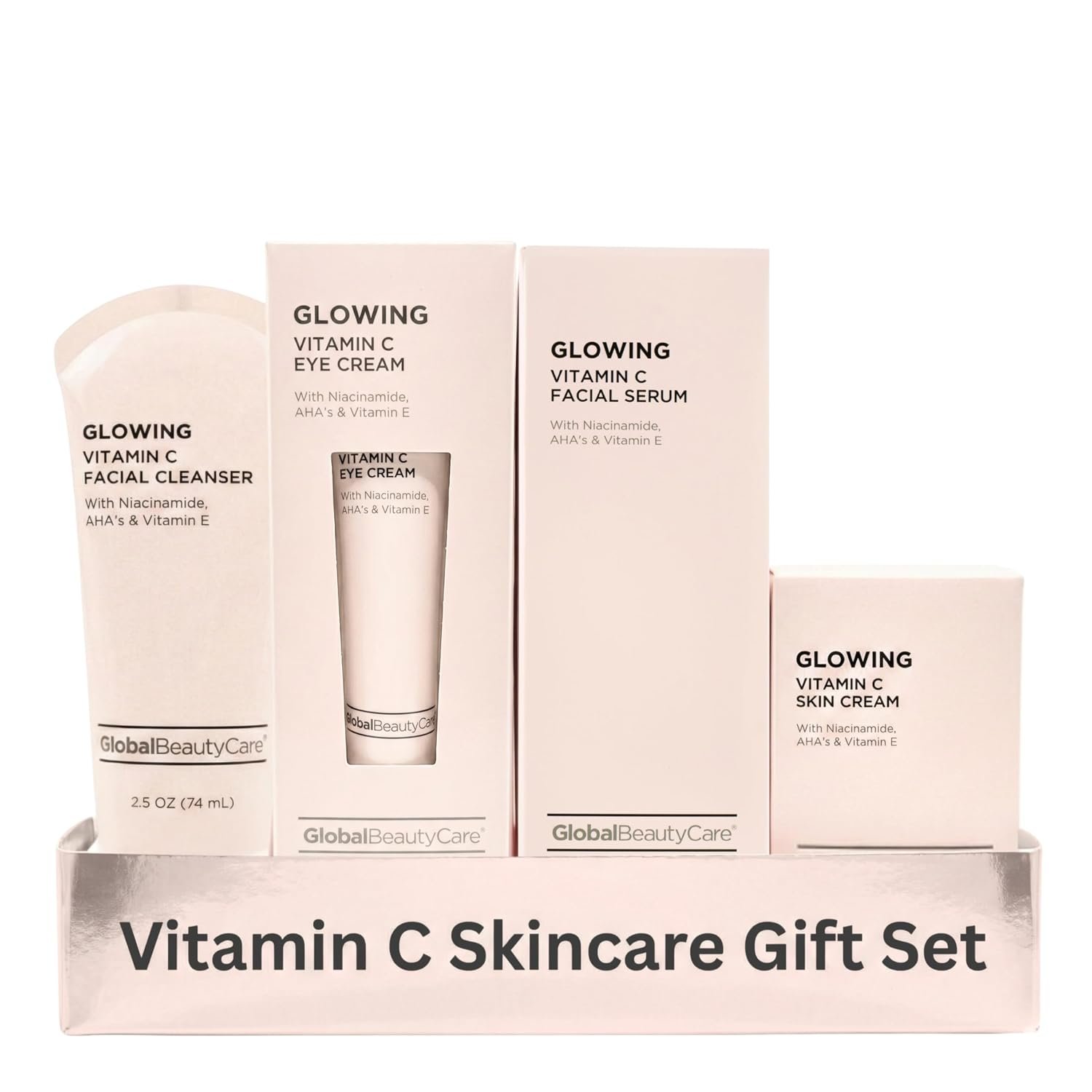 Global Beauty Care Vitamin C Glow Skincare Set – Complete Face Care Routine, Facial Cleanser, Serum, Eye Cream & Face Cream, with Niacinimade, AHA’s & Vitamin E For Radiant Smooth Skin, 4-Piece Set
