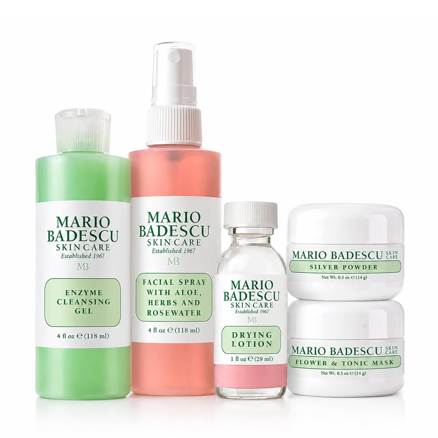 Mario Badescu Essentials 5 Piece Kit, Skincare Gift Set With Drying Lotion, Rose Water Facial Spray, Silver Powder, Enzyme Cleansing Gel and Flower & Tonic Mask