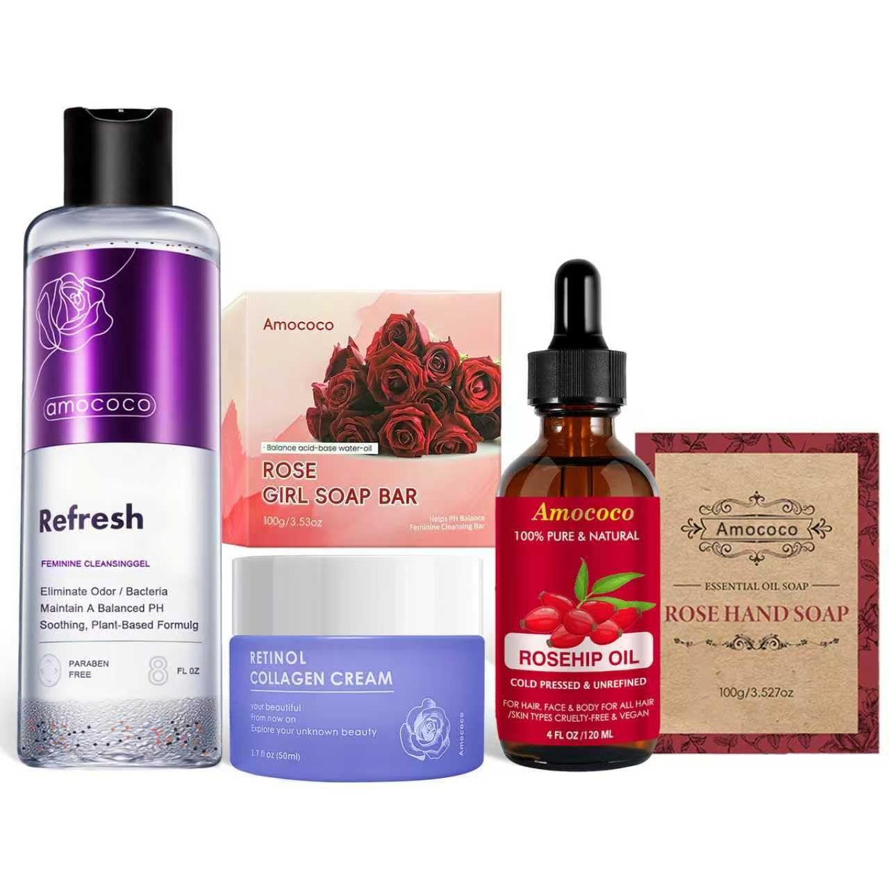 Rose Spa Gift Set for Women, Whole Body, Facial & Bath Gift Set, 5Pcs, Self Care, Home Spa Kit with Rose Essential Oil, Soap and Face Cream
