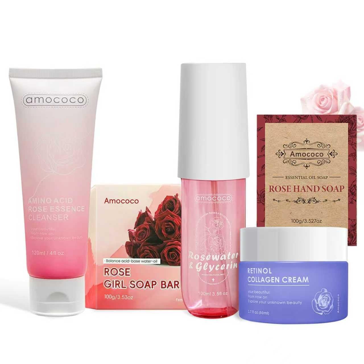 Rose Spa Gift Set for Women, Whole Body, Facial & Bath Gift Set, 5Pcs, Self Care, Home Spa Kit with Soap, Facial Cleanser and Face Cream