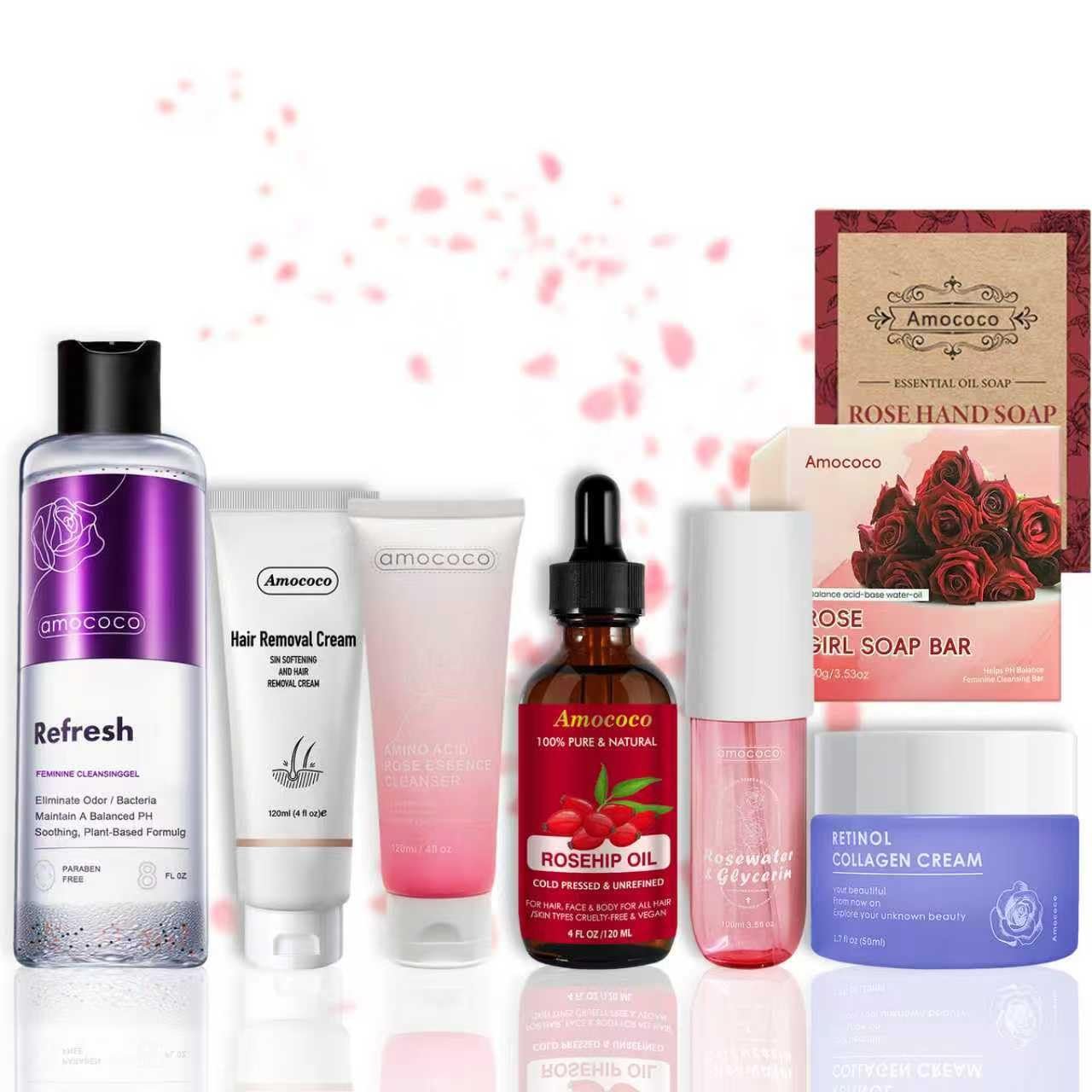 Rose Spa Gift Set for Women, Whole Body, Facial & Bath Gift Set, 8Pcs, Self Care, Home Spa Kit with Rose Essential Oil, Soap, Facial Cleanser and Face Cream