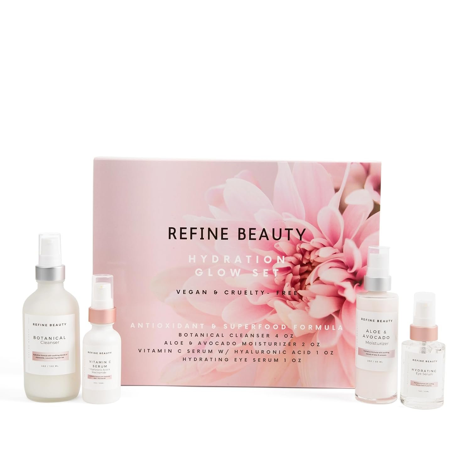 REFINE BEAUTY Hydration Glow Skincare set with Niacinamide, Hyaluronic Acid, Chamomile, Aloe, Peptides, Avocado, Vitamin C, Spa day, Gift set, Travel size for a natural Glow