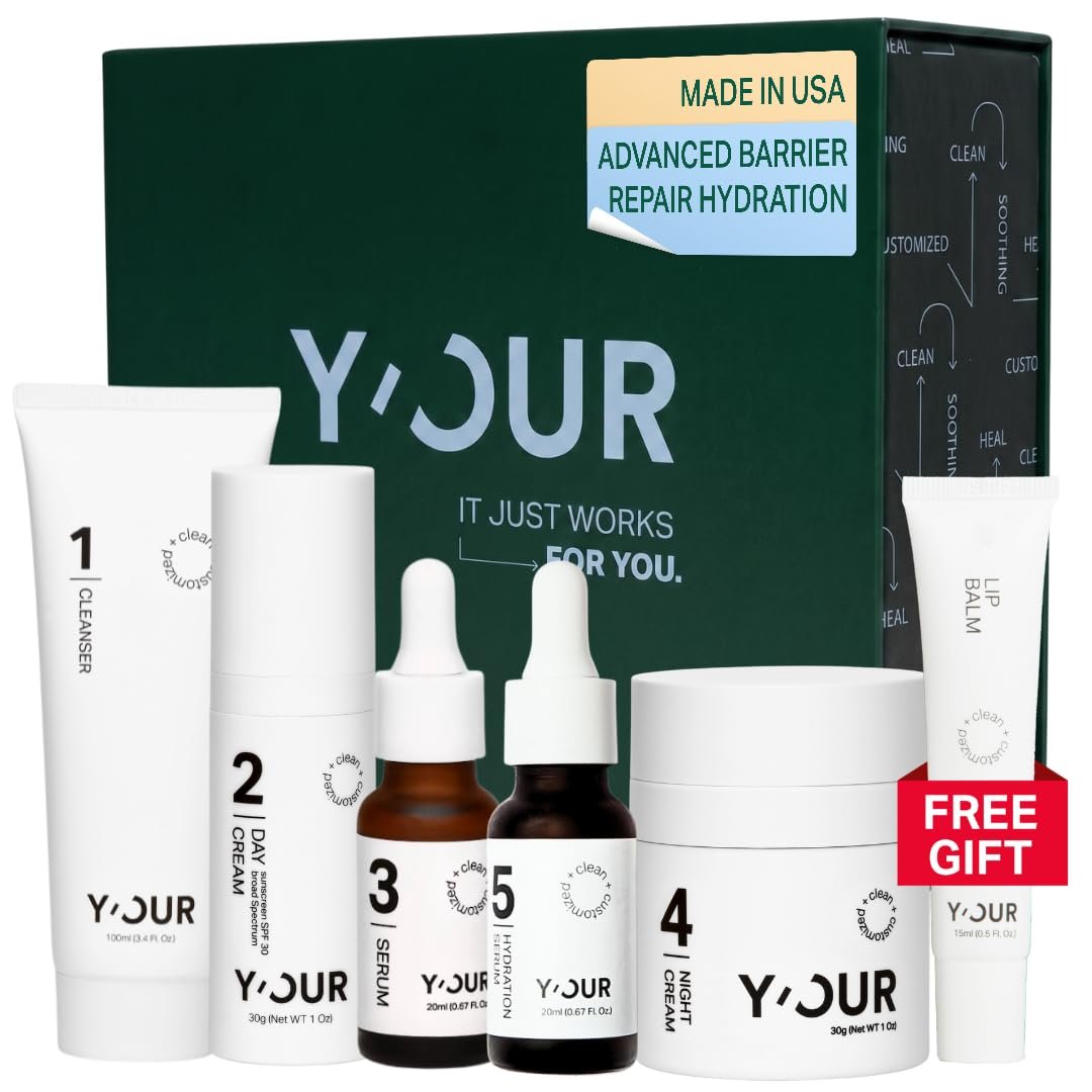 Y’OUR Hydration System, Contains: Moisturizing Cleanser, Antioxidant Day Cream, Calming Serum, Revitalizing Night Cream, Intensive Hydration Serum. Free Lip Balm. Gifts for Women