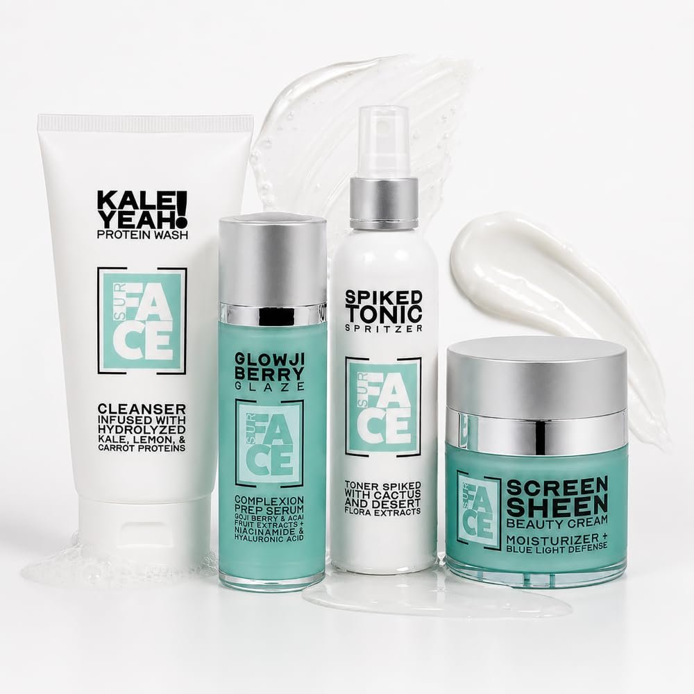 SurFACE 4-Step Skincare Gift Set with Niacinamide, Hyaluronic Acid, Squalane and Blue Light Defense – Cleanse, Hydrate, Brighten and Moisturize for Dewy, Glazed Skin – All Glazed Up, Giftable 4-Piece