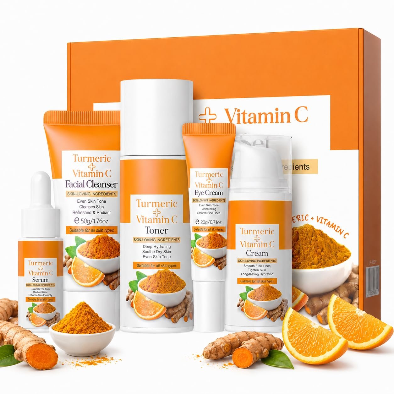 Turmeric Vitamin C Skincare Set for Women, 5-Piece Face Care Routine with Facial Cleanser, Toner, Serum, Eye Cream and Moisturizing Face Cream, Daily Beauty Gift Kit