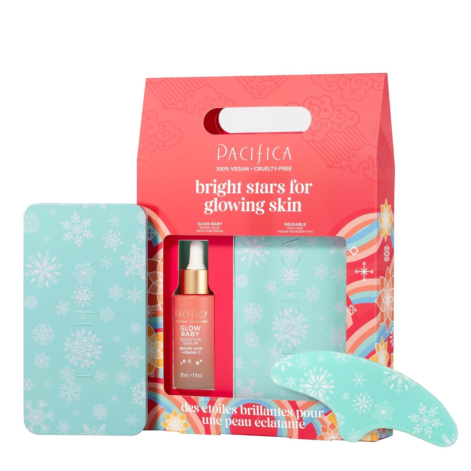 Pacifica Glow Baby Brightening Serum & Reusable Face Mask Set – Vitamin C + Glycolic Acid for Radiant Hydrated Skin, Clean Vegan Skincare Gift Kit for Women & Teens, Stocking Stuffer Beauty Set