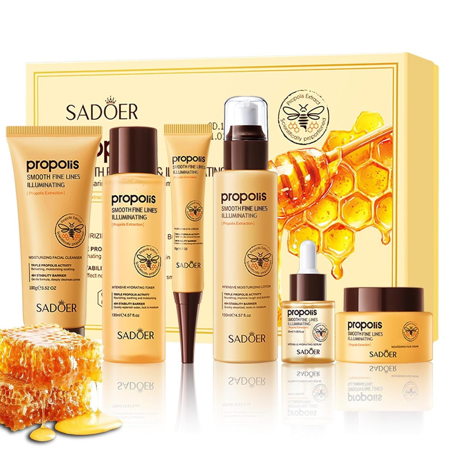 FOR SADOER Propolis 6-Piece Skincare Set, Hydrating Glow Nourishing Facial Routine Kit, Anti Aging Wrinkle Smooth Self Care Gifts for Women Mom Teen Girls, All Skin