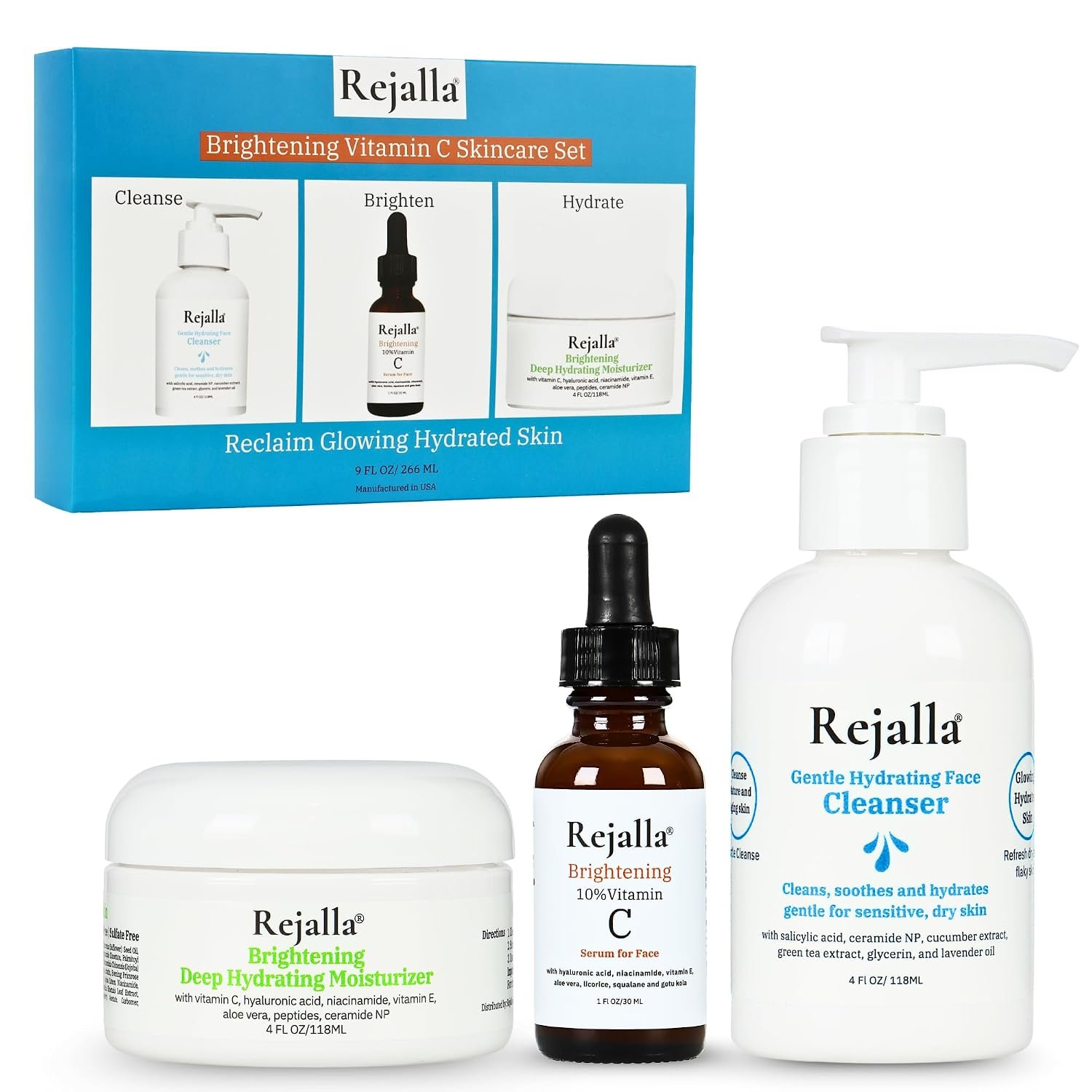 Skin Care Set for Women – Vitamin C Skincare Set 3 Piece – Rejalla Luminous Face Care Set Cleanser Serum Moisturizer – Anti Aging Routine Hyaluronic Acid Niacinamide Ceramide Gift